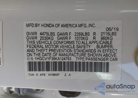 2019 Honda Accord Sport из США, поврежденный, VIN 1HGCV1F36KA124763